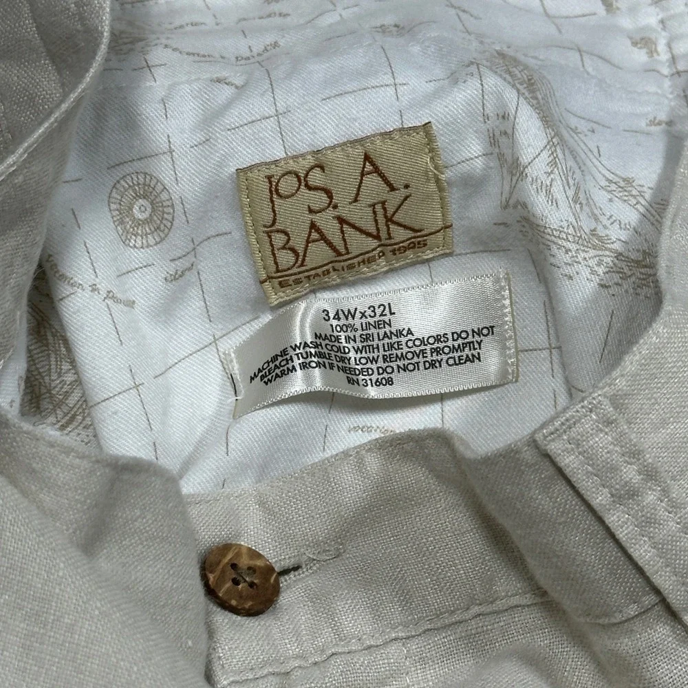 Jos A Bank Men *33x31 Linen Trousers Beige Oatmeal Flat Front Straight Leg Pants